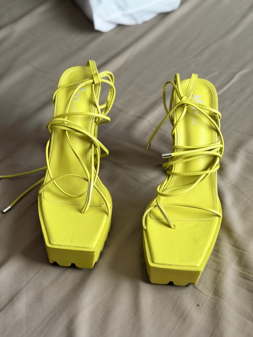 Miss Lola Neon Yellow Lace-Up Platform Sandals